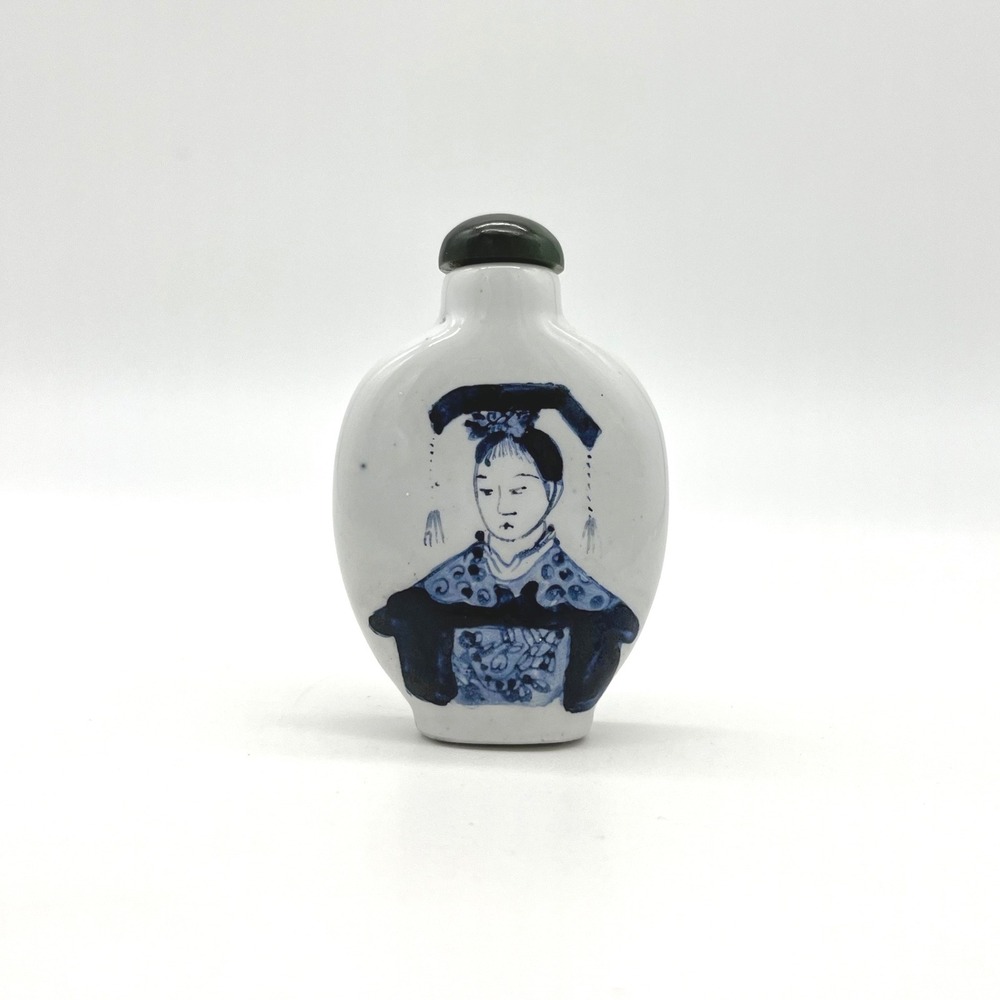 Vintage Chinese Blue‎ White Snuff Bottle Double Sided Woman
